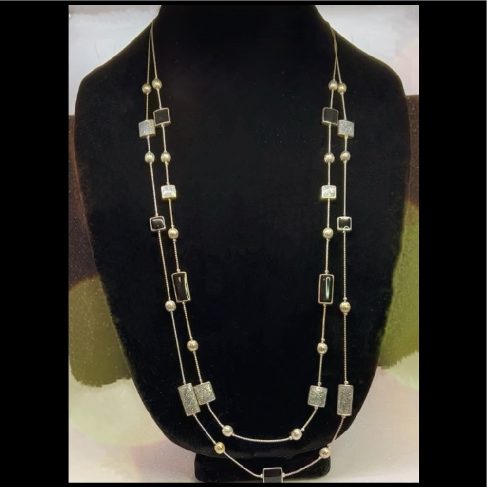 Vintage Double Strand Station Silver Glitter Opaque Black Enameled Sq Necklace - Picture 6 of 6